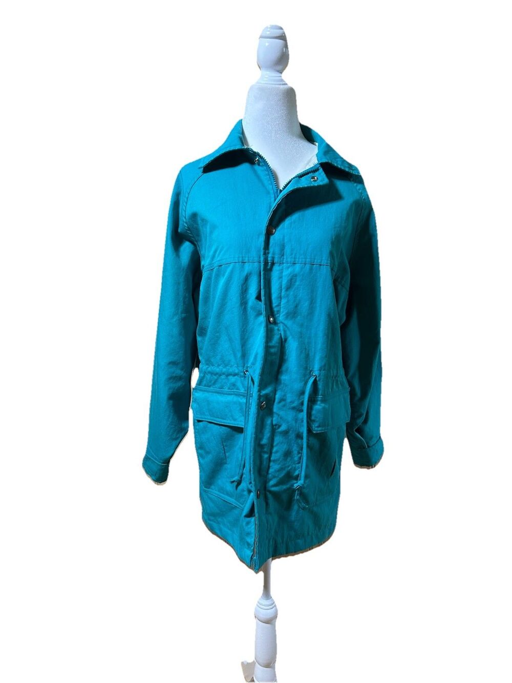 Vtg Woolrich Rain Jacket Size M Turquoise Cargo Coat With Tie Waist, Pockets 90s